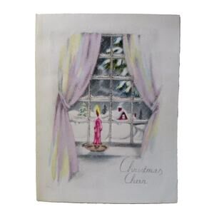Christmas Cheer Greeting Card Vintage 1945 Glitter Candle Window Pastel Curtains